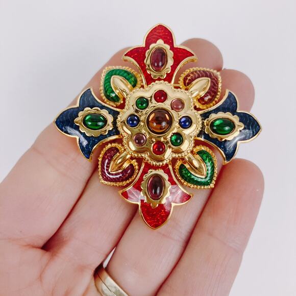VTG Signed Joan Rivers Byzantine Fleur De Lis Colorful Enamel Brooch Collectible - Picture 2 of 10